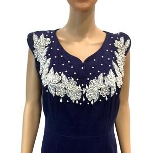 Vintage 1950s Dark Blue Linen Dress w Floral Lace Rhinestone & Bead Trim | M